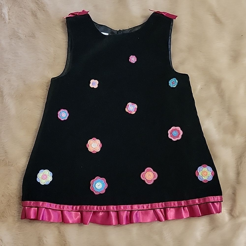 TALBOTS KIDS BLACK VELVETEEN JUMPER DRESS W FLORAL DOTS & HOT PINK RUFFLE TRIM